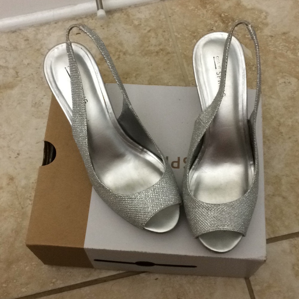 Call it spring glittery silver open toe high heels
